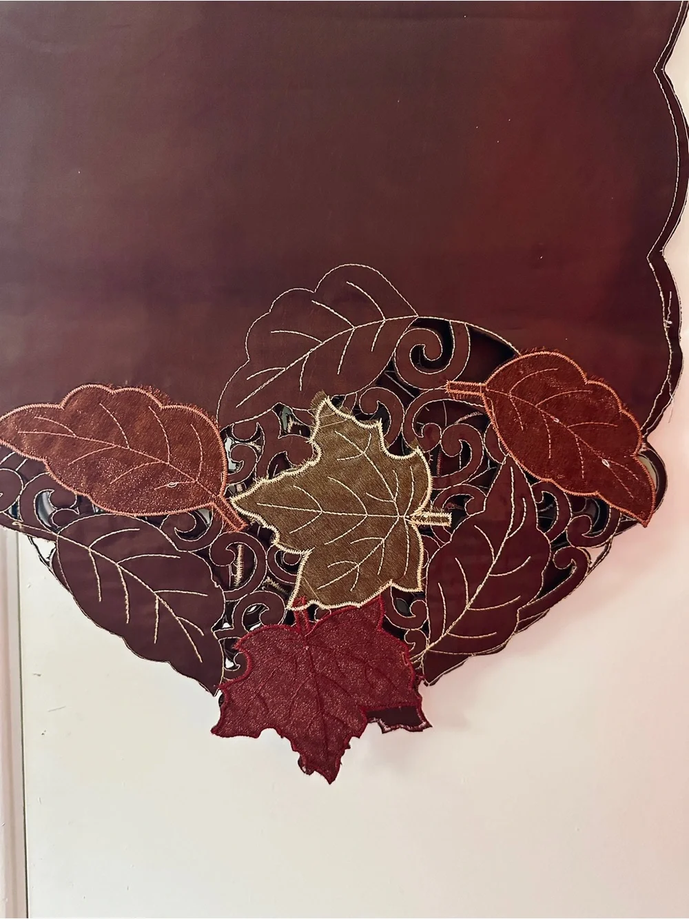 Scalloped Brown Table Runner with Autumn Leaf Embroidery